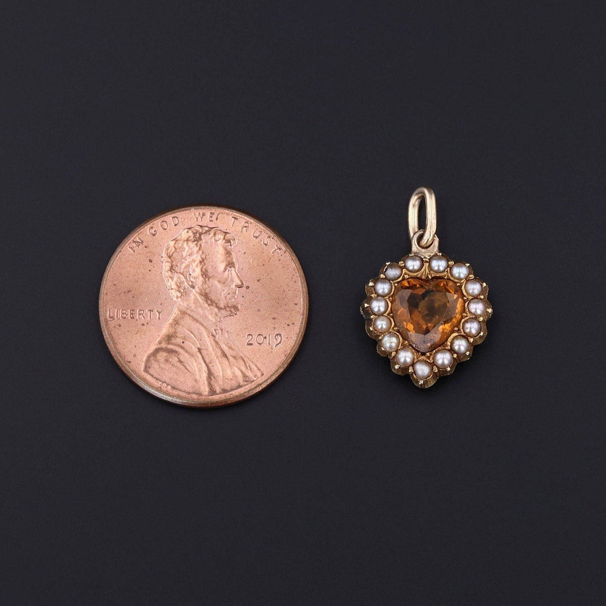 Antique Citrine and Pearl Heart Charm of 15ct Gold Created from an Antique Pin - Trademark Antiques