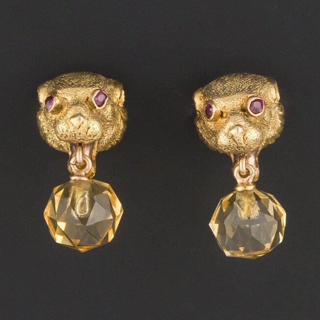 Antique Citrine Jaguar Conversion Earrings of 14k Gold - Trademark Antiques