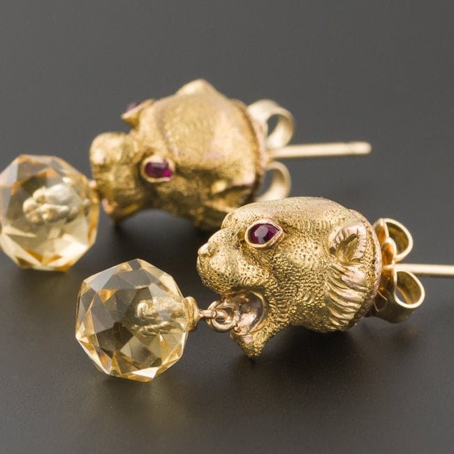 Antique Citrine Jaguar Conversion Earrings of 14k Gold - Trademark Antiques