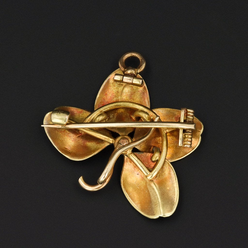 Antique Clover Brooch or Pendant | Black Enamel &amp; Pearl Clover - Trademark Antiques