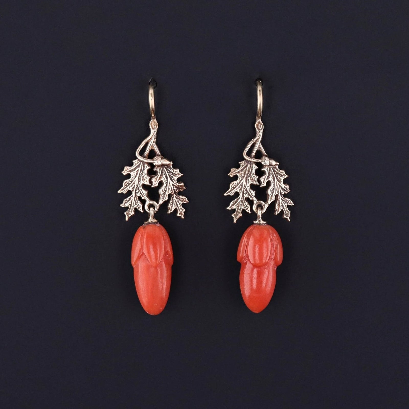Antique Coral Acorn Conversion Earrings of 14k Gold - Trademark Antiques