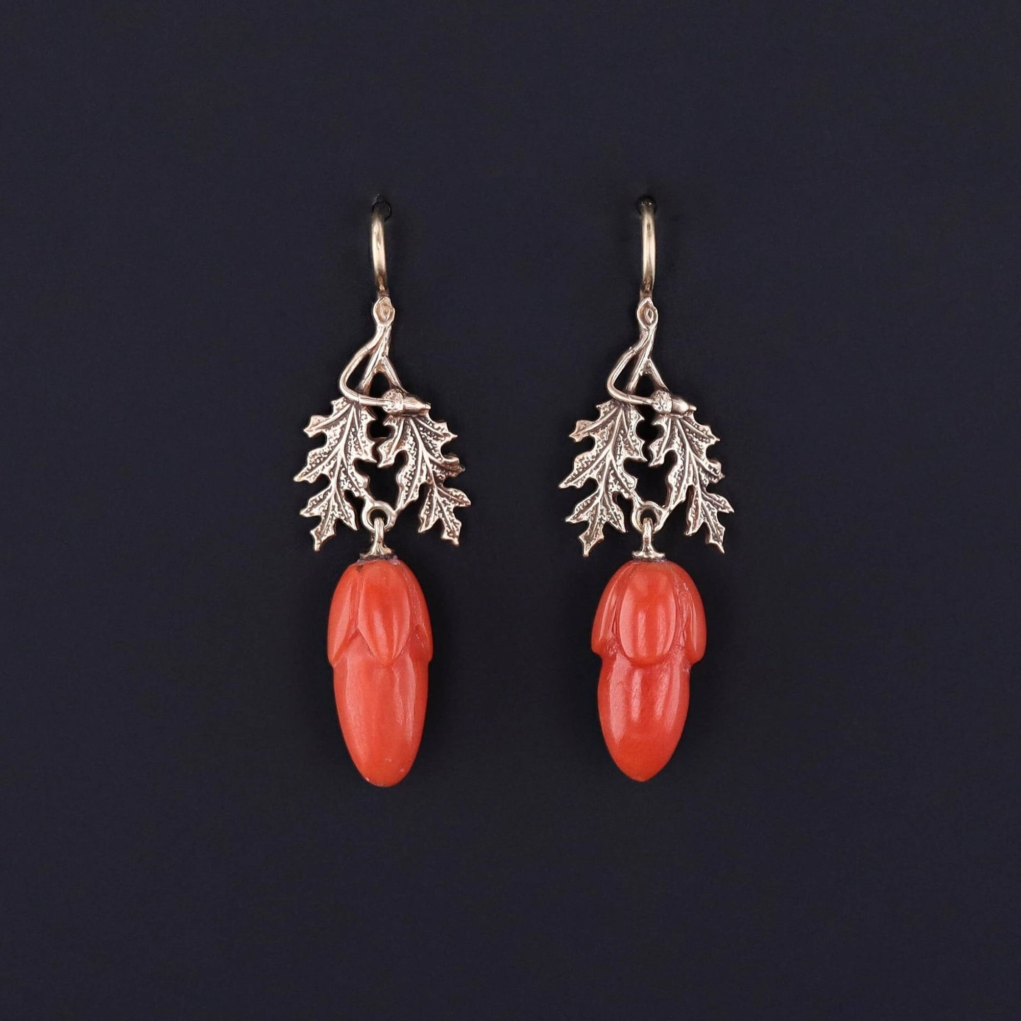 Antique Coral Acorn Conversion Earrings of 14k Gold - Trademark Antiques