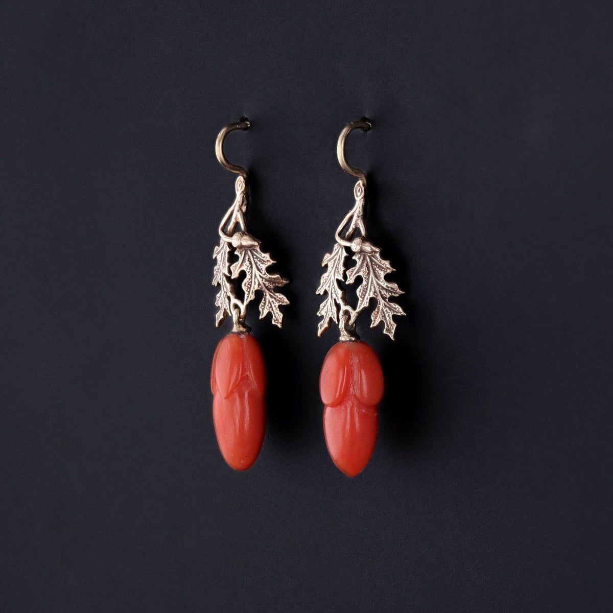 Antique Coral Acorn Conversion Earrings of 14k Gold - Trademark Antiques