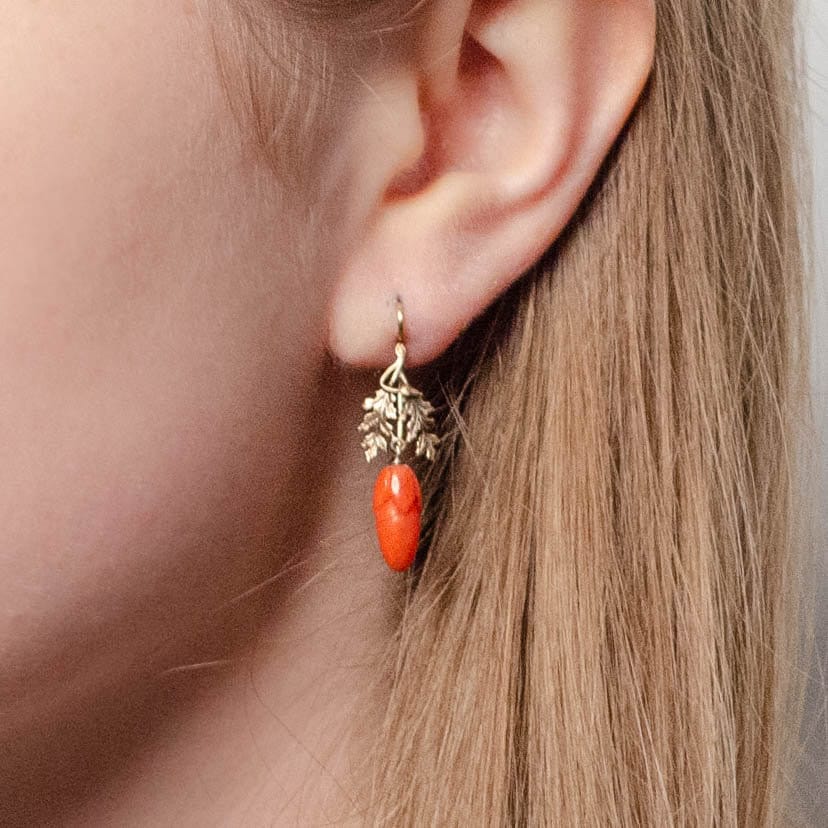 Antique Coral Acorn Conversion Earrings of 14k Gold - Trademark Antiques