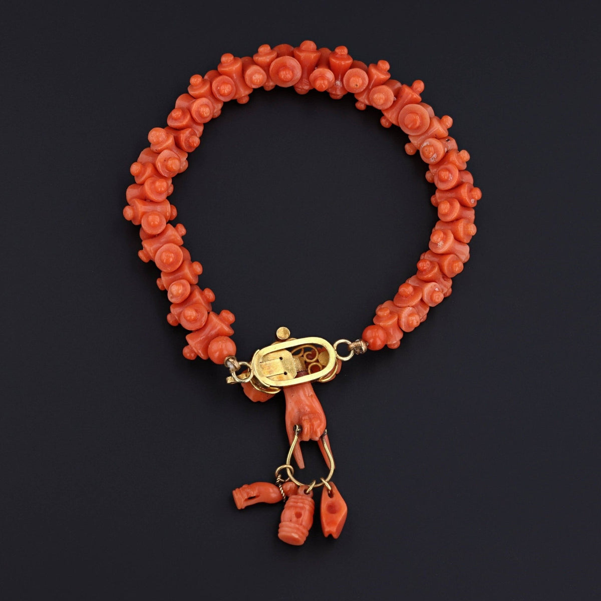 Antique Coral Bracelet with Figa and Charms | Victorian Carved Coral Bracelet - Trademark Antiques