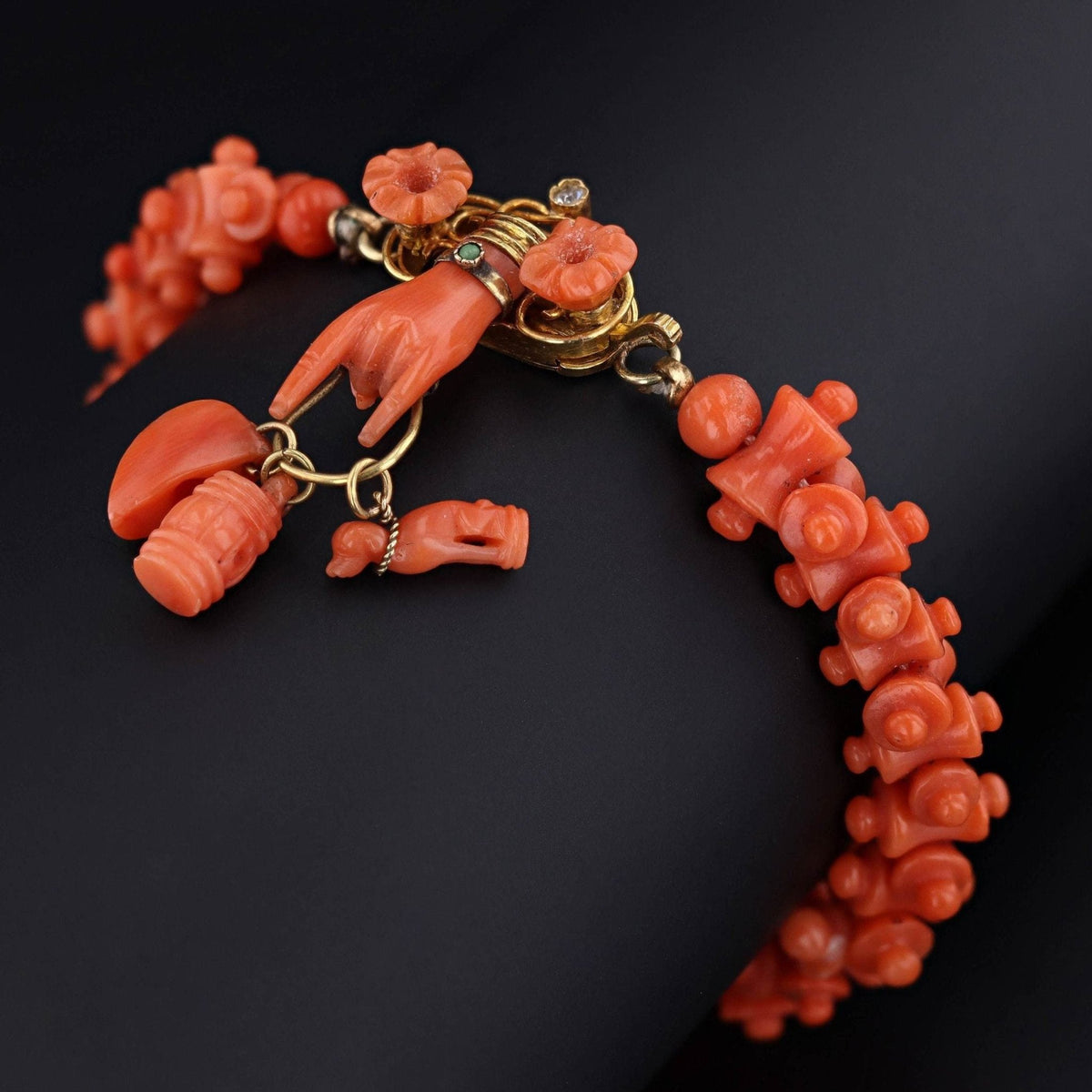 Antique Coral Bracelet with Figa and Charms | Victorian Carved Coral Bracelet - Trademark Antiques
