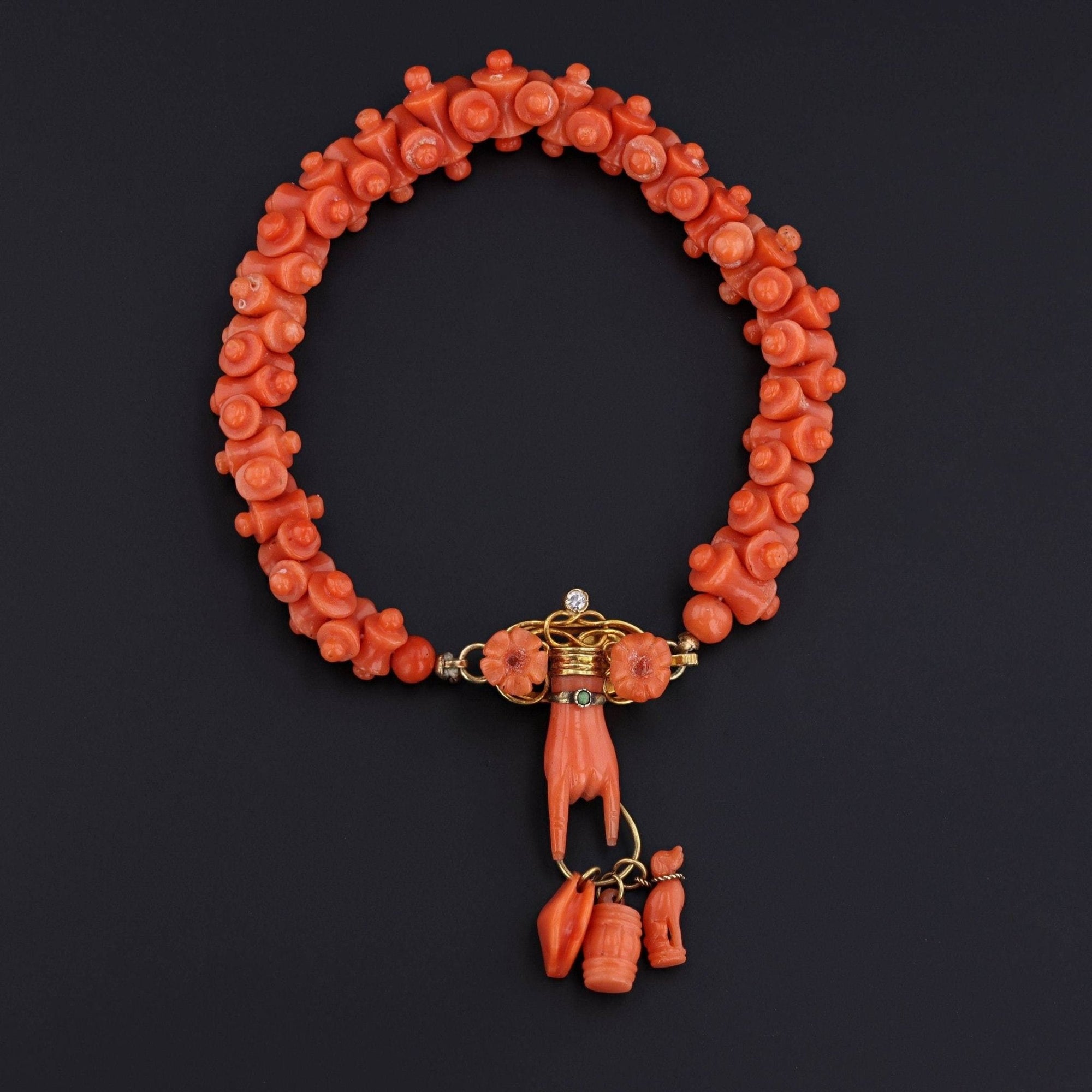 Antique Coral Bracelet with Figa and Charms | Victorian Carved Coral Bracelet - Trademark Antiques