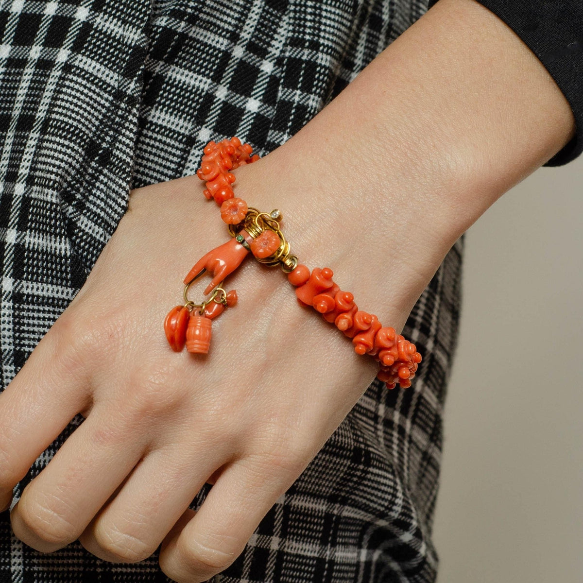 Antique Coral Bracelet with Figa and Charms | Victorian Carved Coral Bracelet - Trademark Antiques