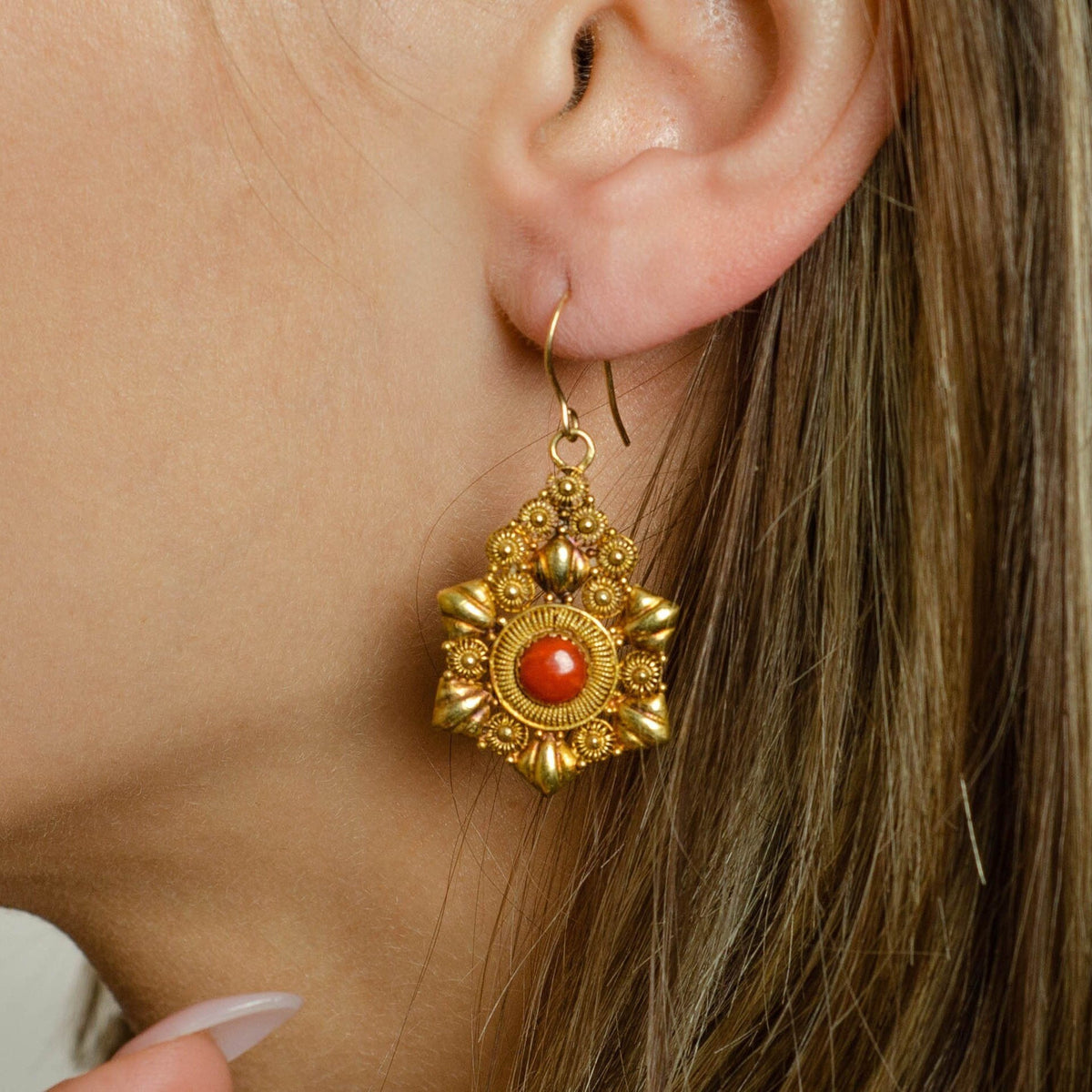 Antique Coral Earrings | 18k Gold Earrings - Trademark Antiques