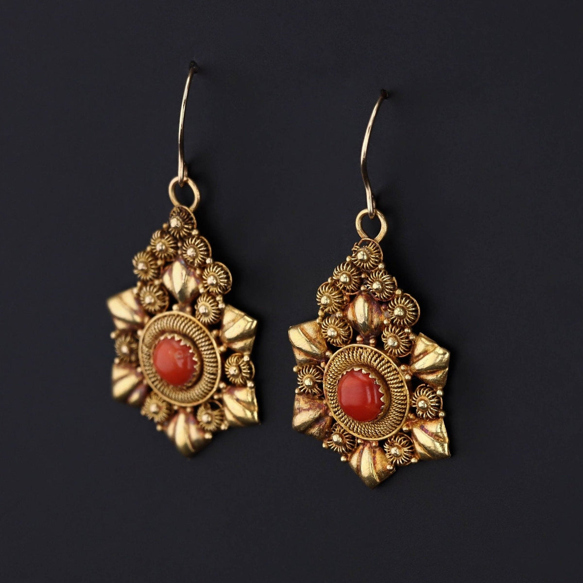 Antique Coral Earrings | 18k Gold Earrings - Trademark Antiques