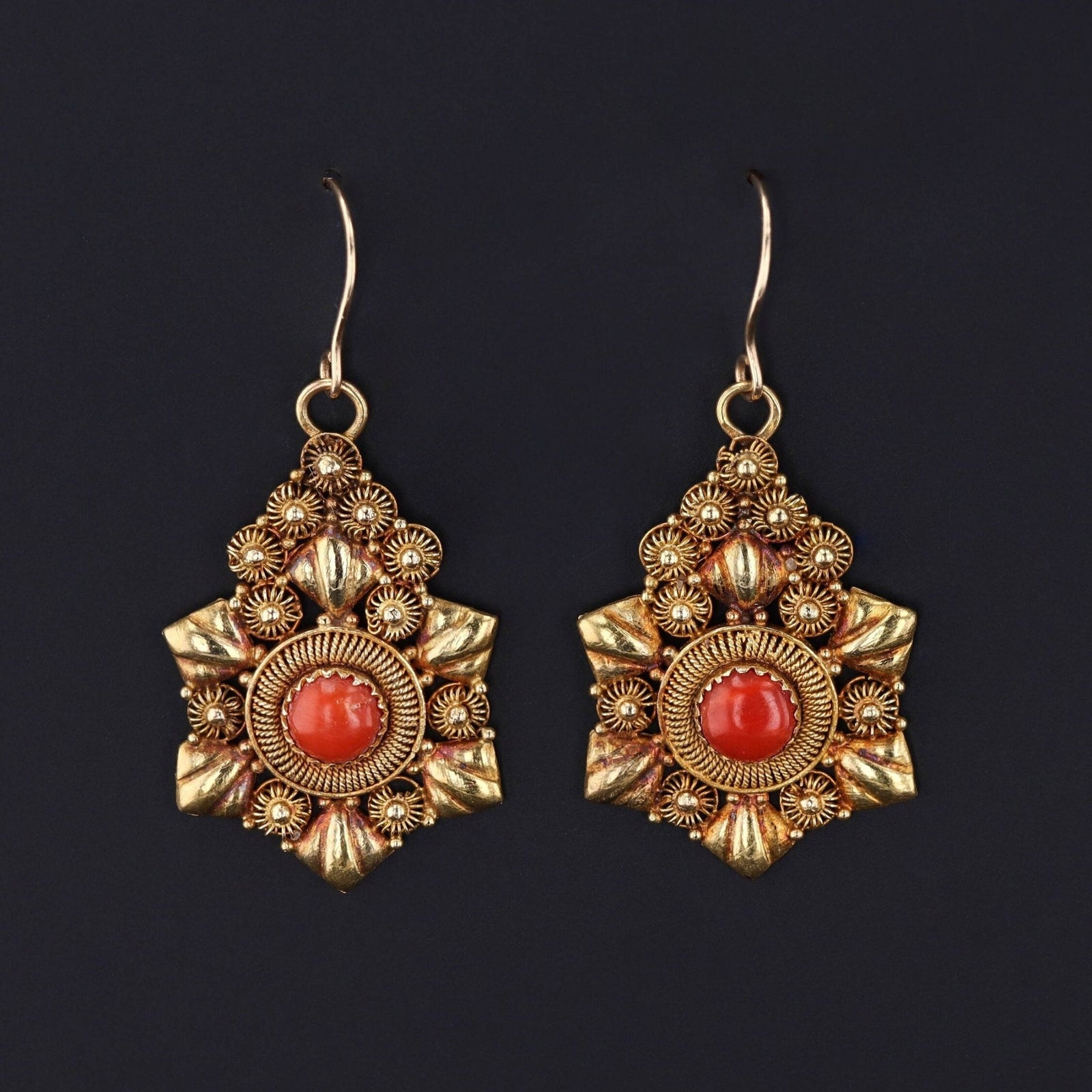 Antique Coral Earrings | 18k Gold Earrings - Trademark Antiques