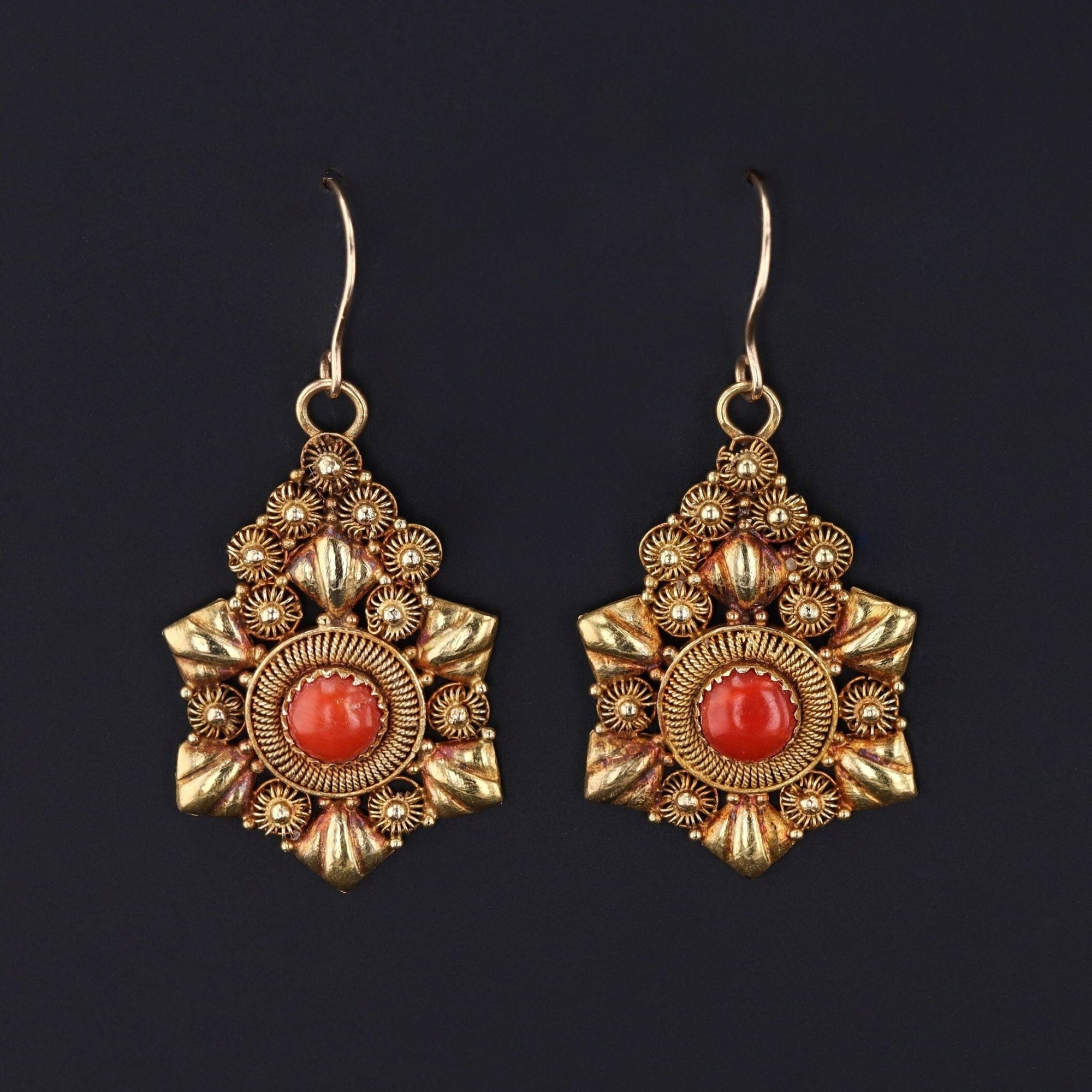 Antique Coral Earrings | 18k Gold Earrings - Trademark Antiques