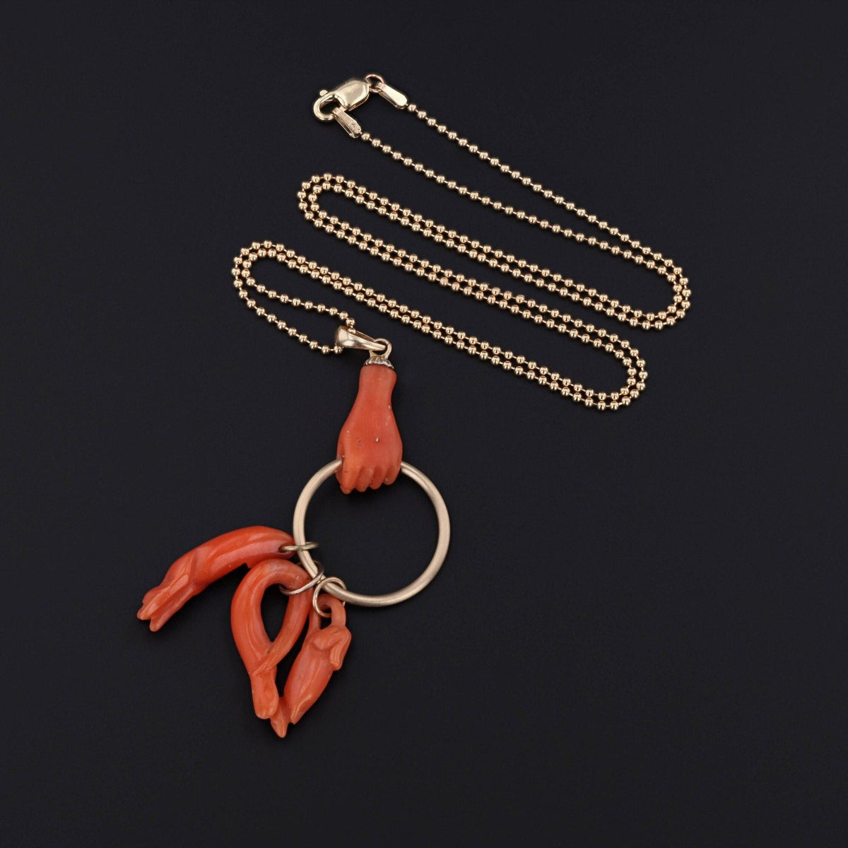 Antique Coral Figa Hand Charm Necklace | 14k Gold &amp; Coral Pendant with Optional 14k Gold Chain - Trademark Antiques
