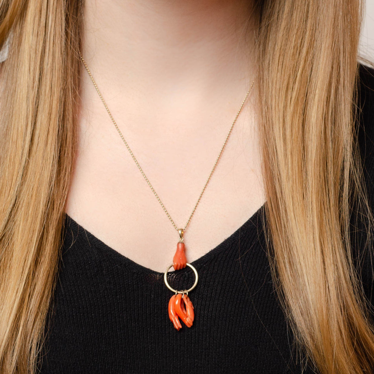 Antique Coral Figa Hand Charm Necklace | 14k Gold &amp; Coral Pendant with Optional 14k Gold Chain - Trademark Antiques