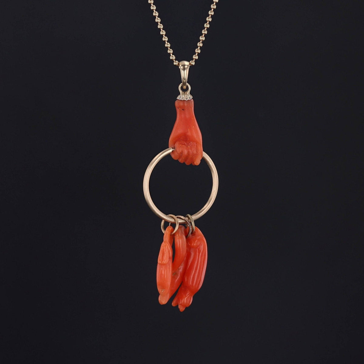 Antique Coral Figa Hand Charm Necklace | 14k Gold &amp; Coral Pendant with Optional 14k Gold Chain - Trademark Antiques