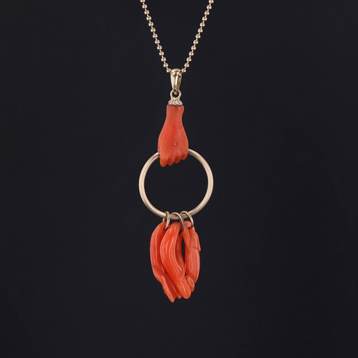 Antique Coral Figa Hand Charm Necklace | 14k Gold &amp; Coral Pendant with Optional 14k Gold Chain - Trademark Antiques