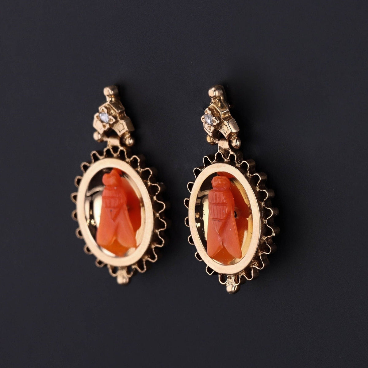 Antique Coral Fly Earrings of 14k Gold - Trademark Antiques