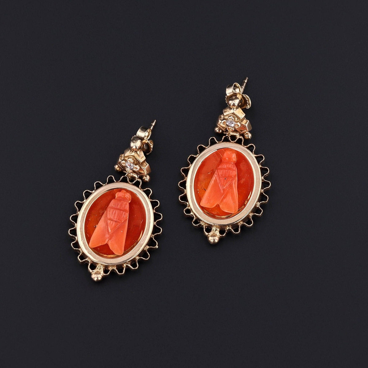Antique Coral Fly Earrings of 14k Gold - Trademark Antiques