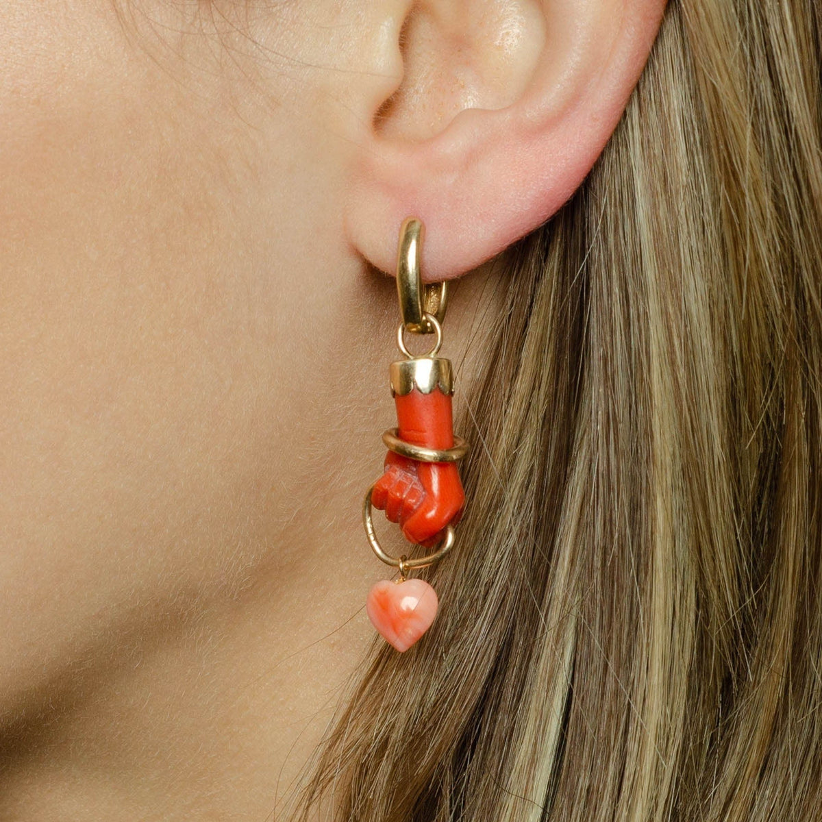 Antique Coral Hand Conversion Earrings of 14k Gold - Trademark Antiques