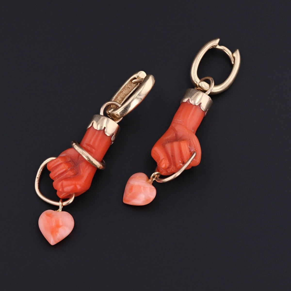 Antique Coral Hand Conversion Earrings of 14k Gold - Trademark Antiques