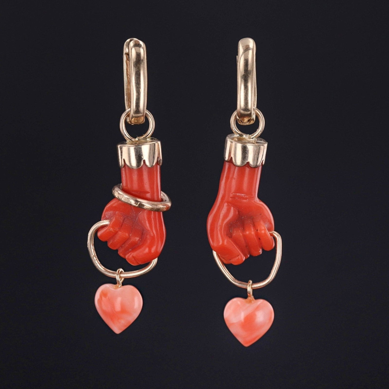 Antique Coral Hand Conversion Earrings of 14k Gold - Trademark Antiques