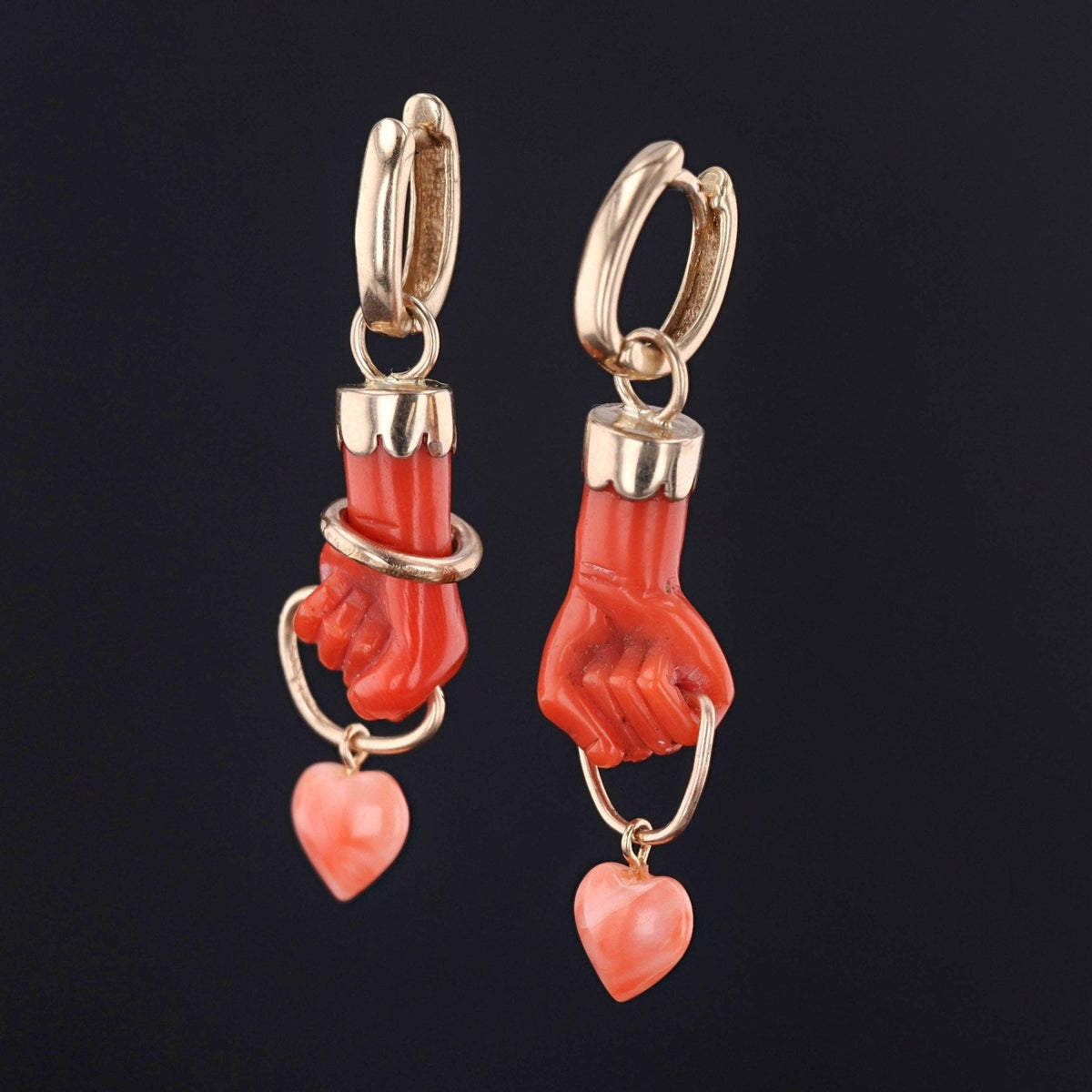 Antique Coral Hand Conversion Earrings of 14k Gold - Trademark Antiques