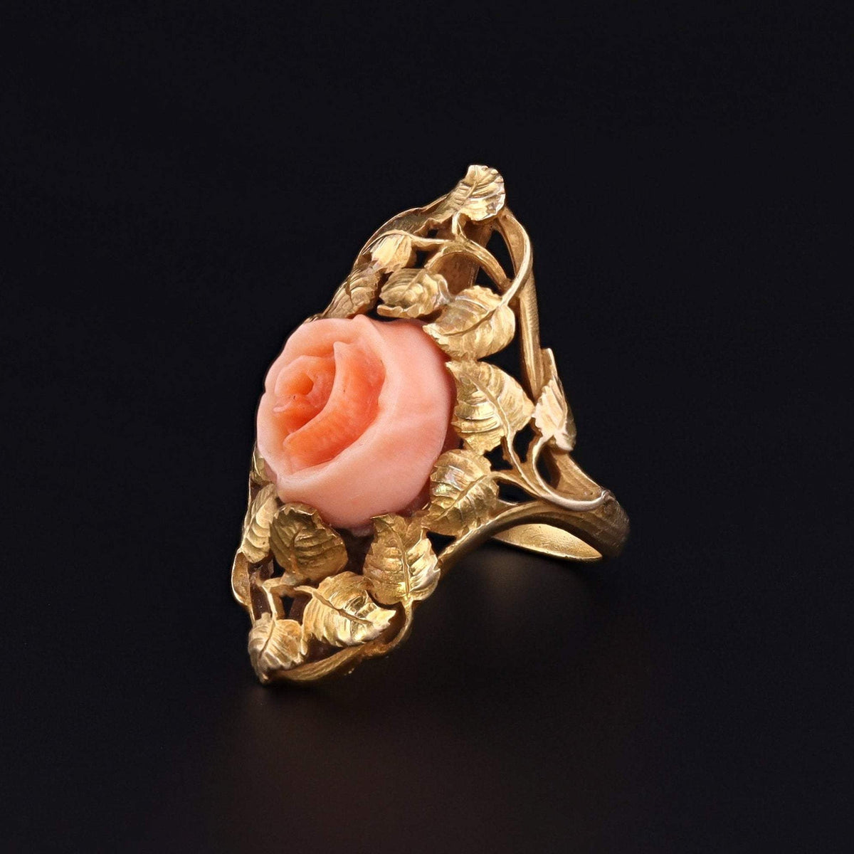 Antique Coral Rose Ring | 14k Gold Ring - Trademark Antiques