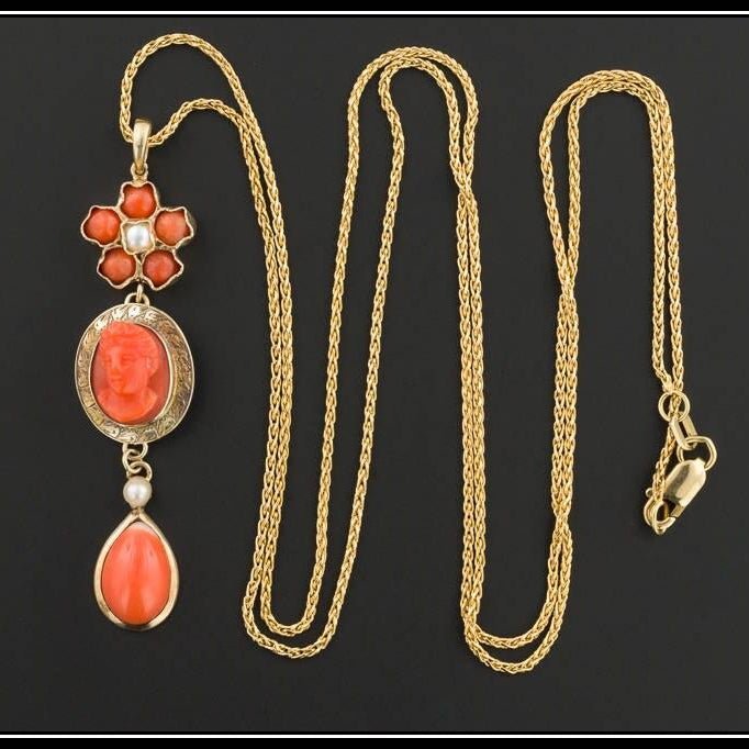 Antique Coral Stick Pin Conversion Pendant with Optional 14k Gold Chain | Antique Coral Necklace - Trademark Antiques