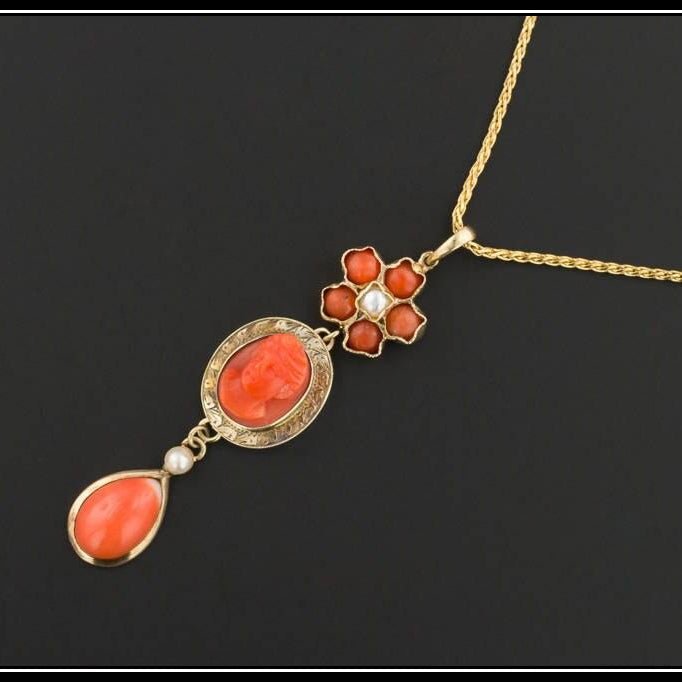 Antique Coral Stick Pin Conversion Pendant with Optional 14k Gold Chain | Antique Coral Necklace - Trademark Antiques