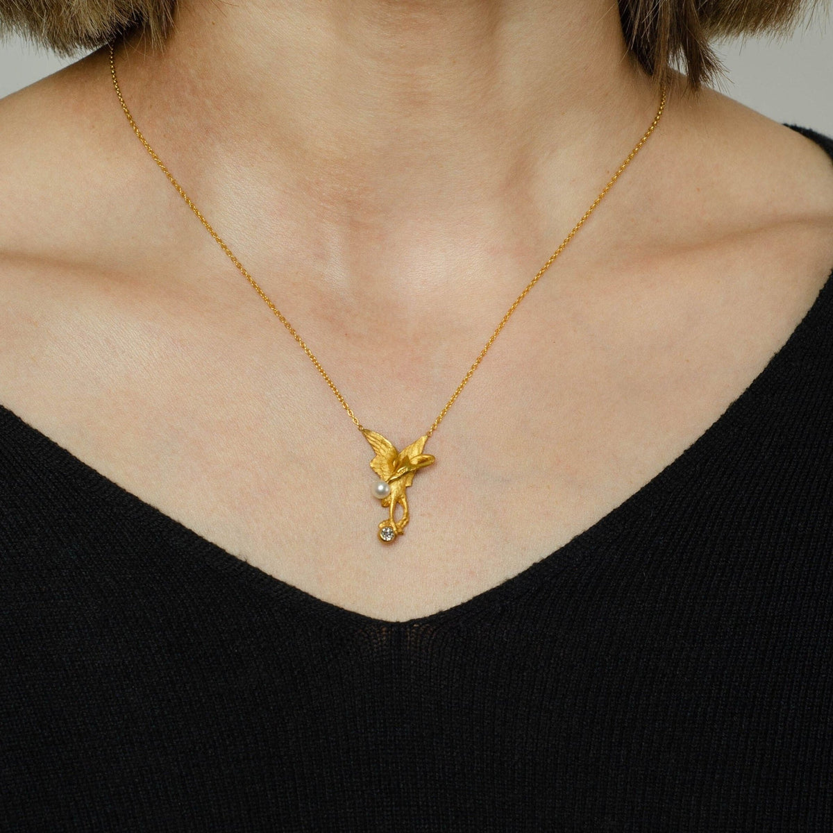Antique Crane Necklace | 14k Gold Crane on 18k Gold Chain - Trademark Antiques