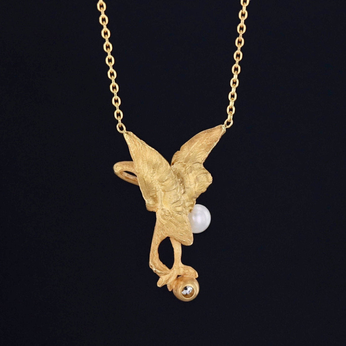 Antique Crane Necklace | 14k Gold Crane on 18k Gold Chain - Trademark Antiques