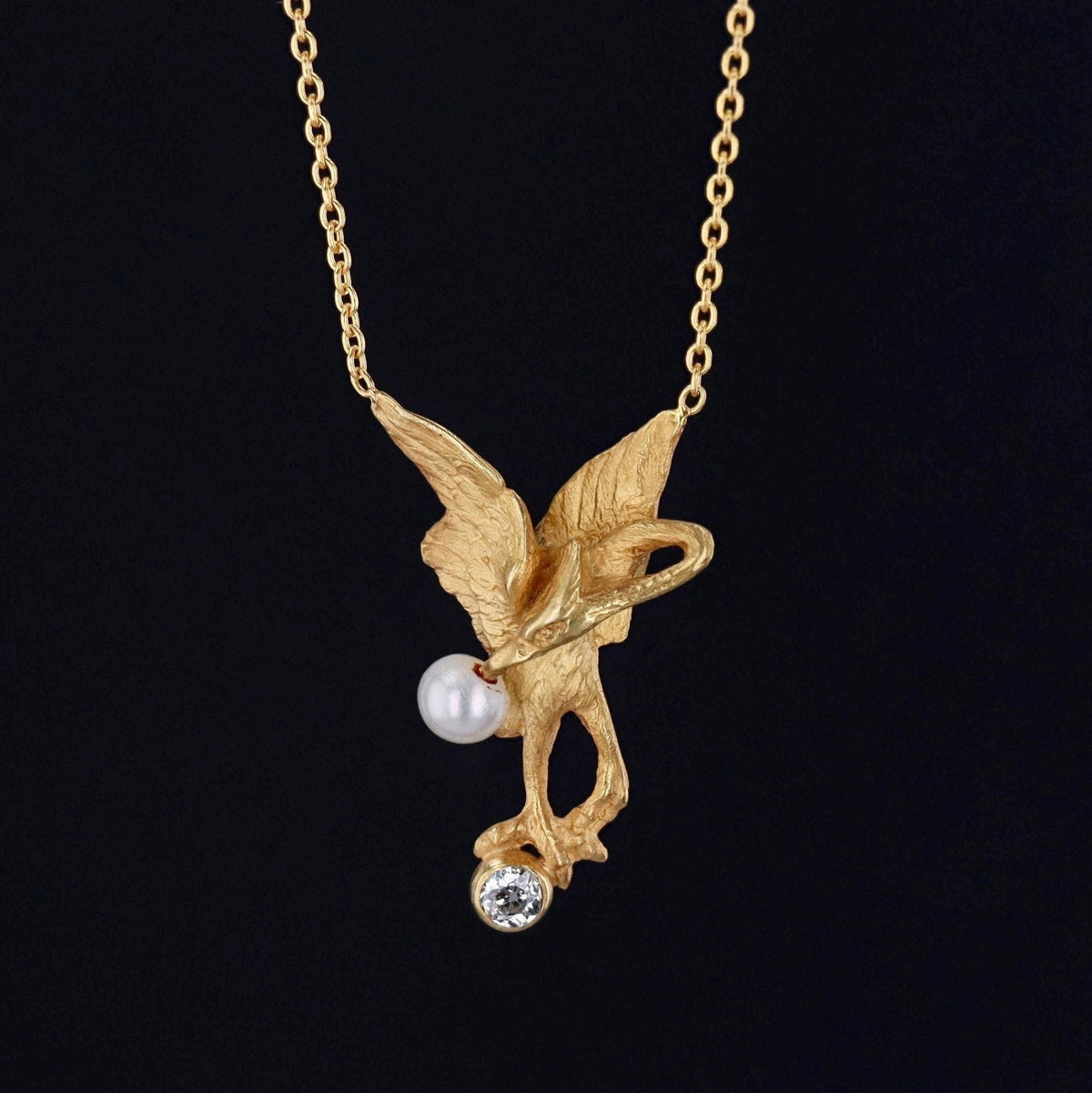 Antique Crane Necklace | 14k Gold Crane on 18k Gold Chain - Trademark Antiques