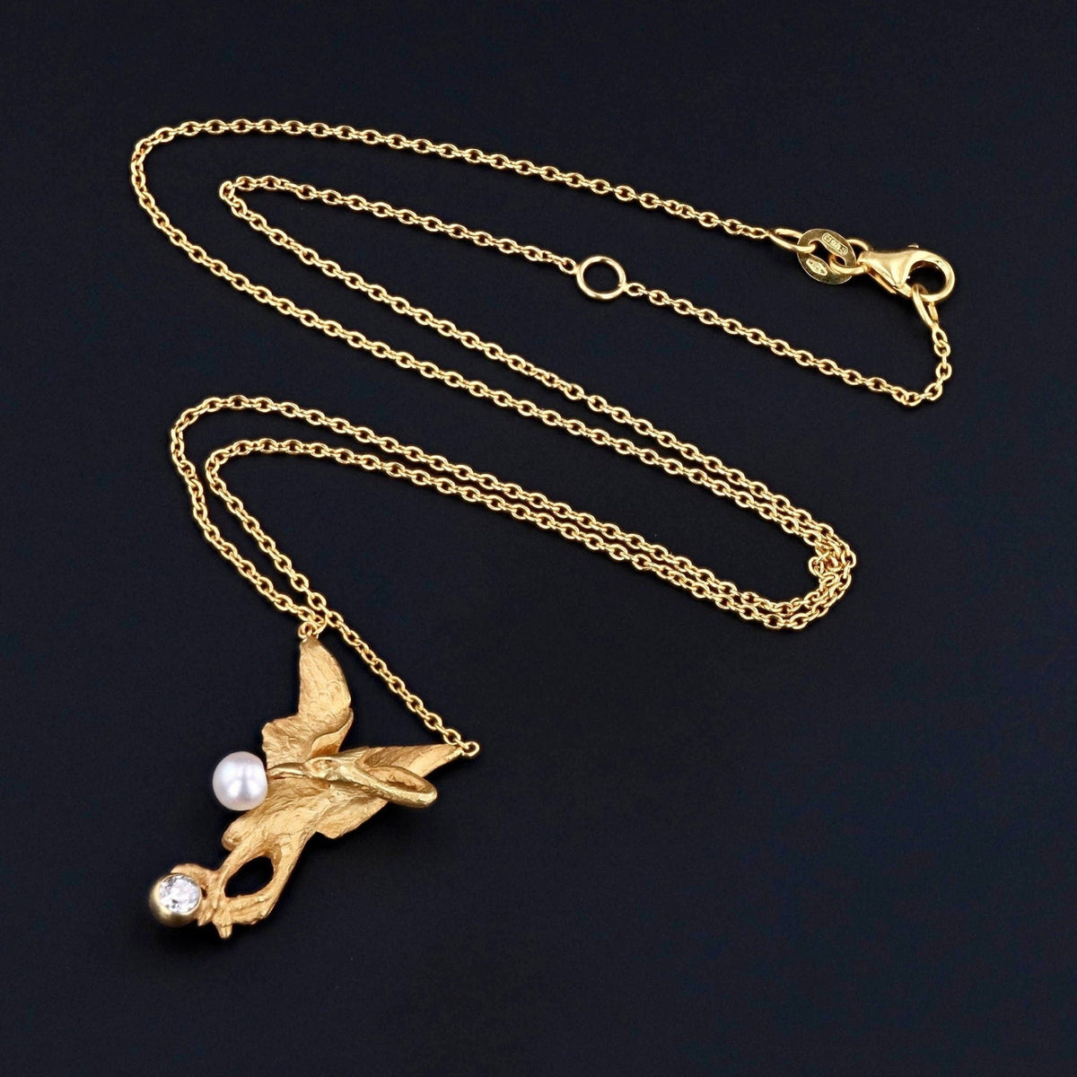 Antique Crane Necklace | 14k Gold Crane on 18k Gold Chain - Trademark Antiques