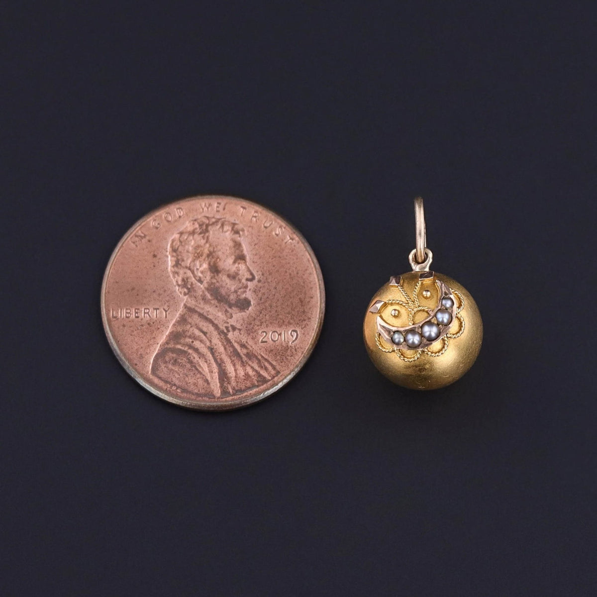 Antique Crescent Moon Orb Charm of 14k Gold - Trademark Antiques