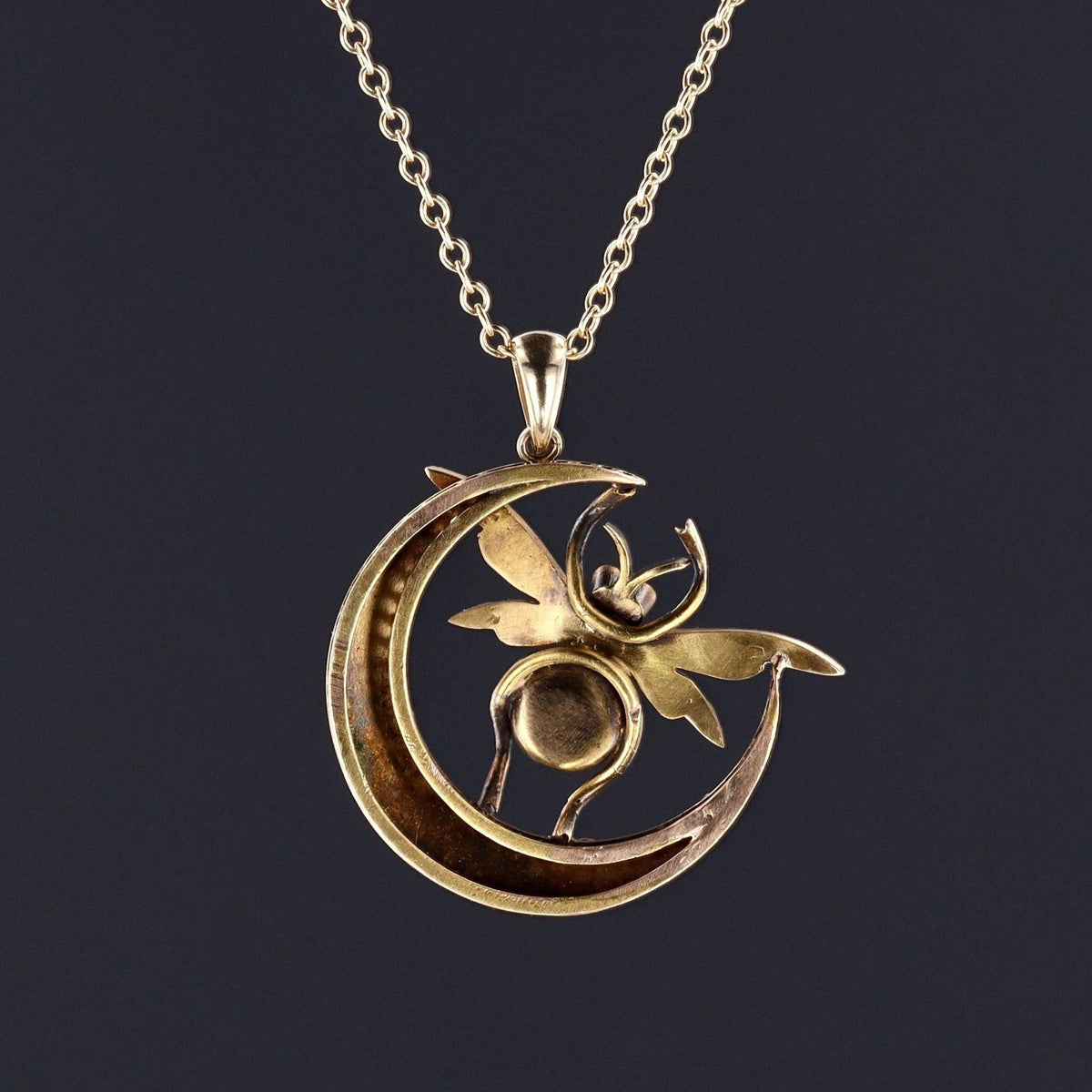 Antique Crescent Moon Pendant | Banded Agate and Pearl Insect Pendant - Trademark Antiques