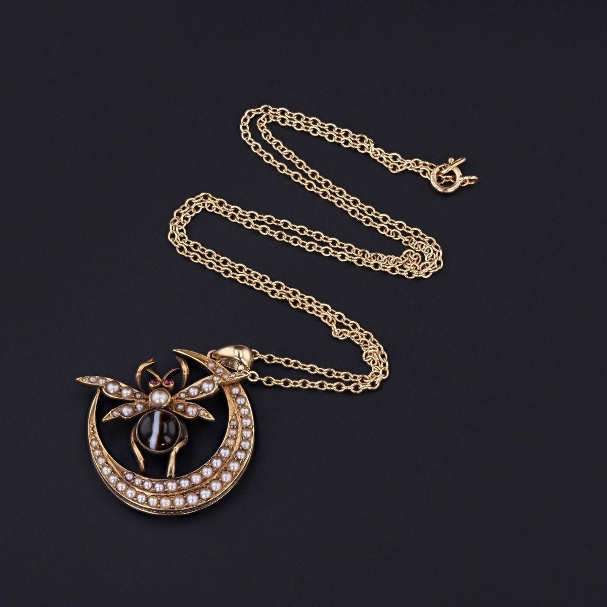 Antique Crescent Moon Pendant | Banded Agate and Pearl Insect Pendant - Trademark Antiques
