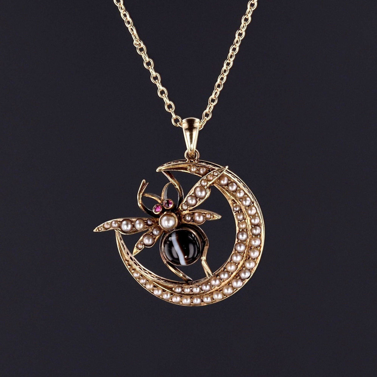 Antique Crescent Moon Pendant | Banded Agate and Pearl Insect Pendant - Trademark Antiques