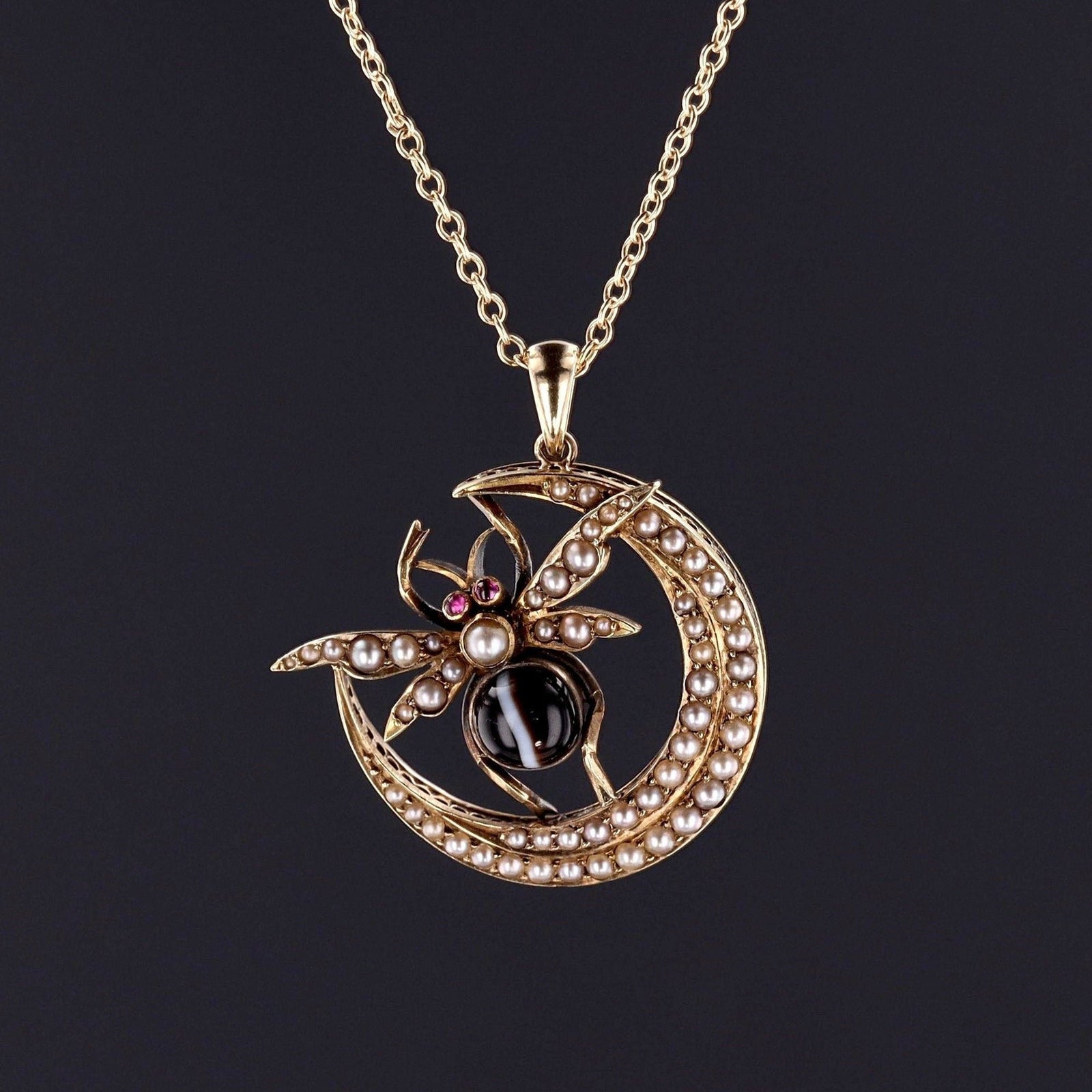 Antique Crescent Moon Pendant | Banded Agate and Pearl Insect Pendant - Trademark Antiques