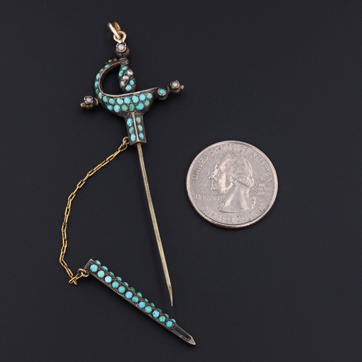 Antique Dagger or Sword in Sheathe Pendant | Silver &amp; Turquoise Pendant - Trademark Antiques