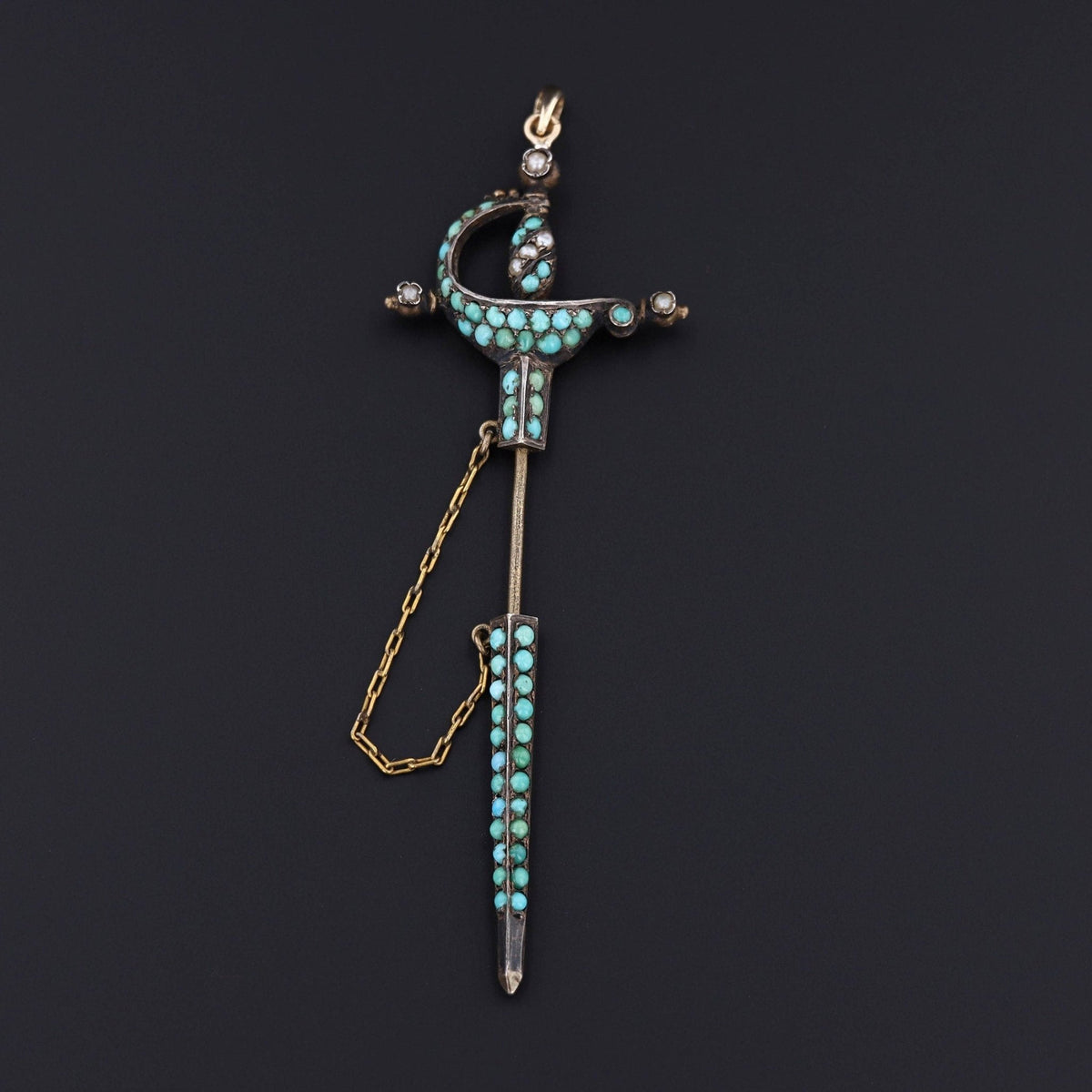 Antique Dagger or Sword in Sheathe Pendant | Silver &amp; Turquoise Pendant - Trademark Antiques