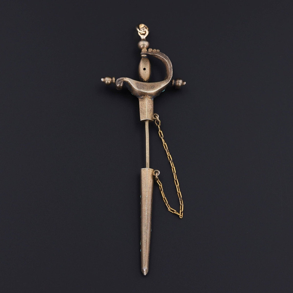 Antique Dagger or Sword in Sheathe Pendant | Silver &amp; Turquoise Pendant - Trademark Antiques