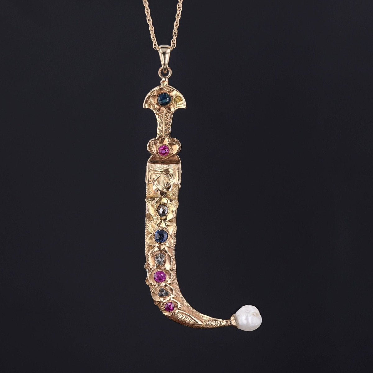 Antique Dagger or Sword Pendant | 18k Gold Ruby Diamond &amp; Sapphire Sword in Sheath - Trademark Antiques