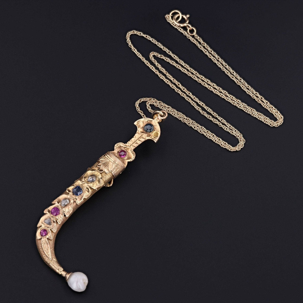 Antique Dagger or Sword Pendant | 18k Gold Ruby Diamond &amp; Sapphire Sword in Sheath - Trademark Antiques