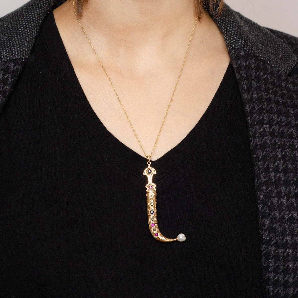 Antique Dagger or Sword Pendant | 18k Gold Ruby Diamond &amp; Sapphire Sword in Sheath - Trademark Antiques