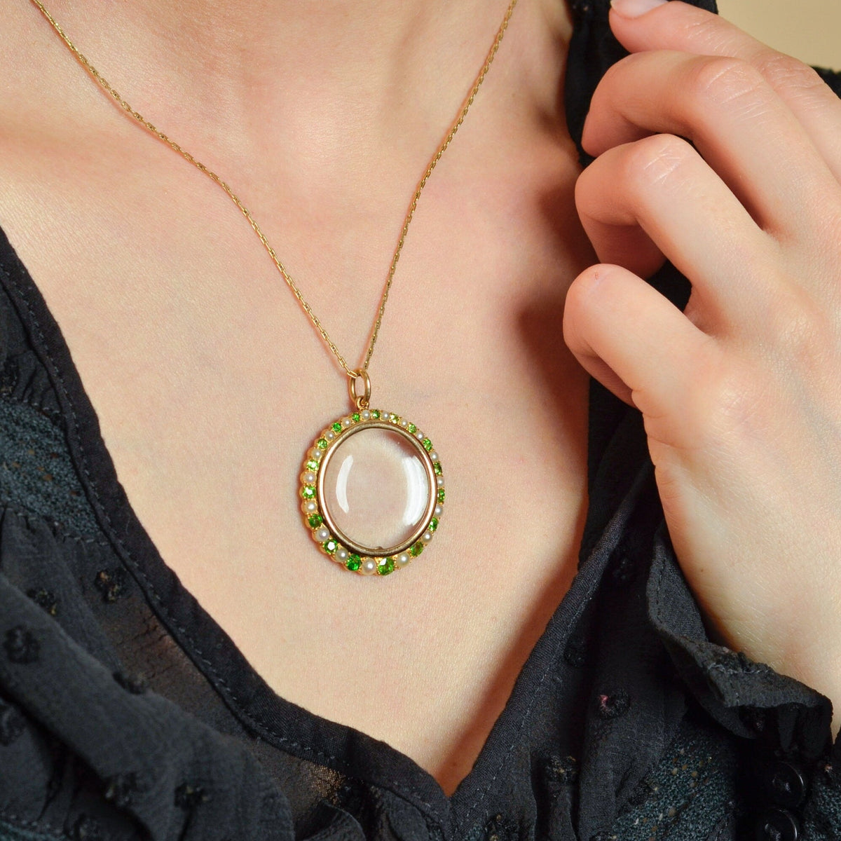 Antique Demantoid Garnet and Pearl Locket of 14k Gold - Trademark Antiques