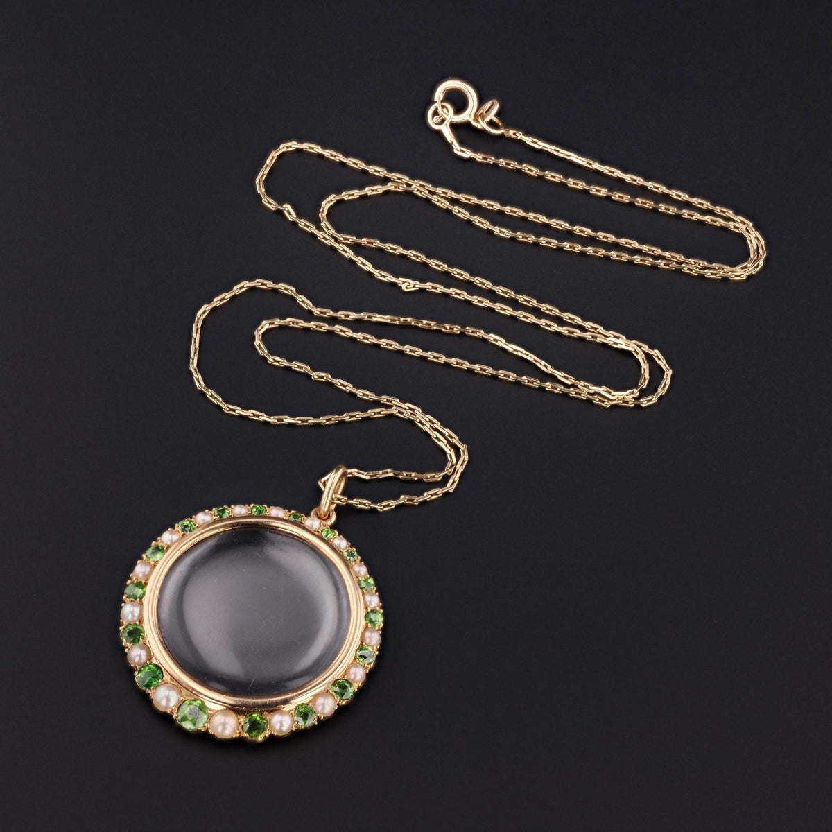 Antique Demantoid Garnet and Pearl Locket of 14k Gold - Trademark Antiques
