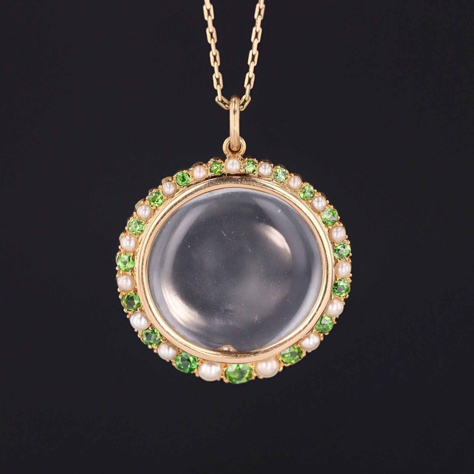 Antique Demantoid Garnet and Pearl Locket of 14k Gold - Trademark Antiques