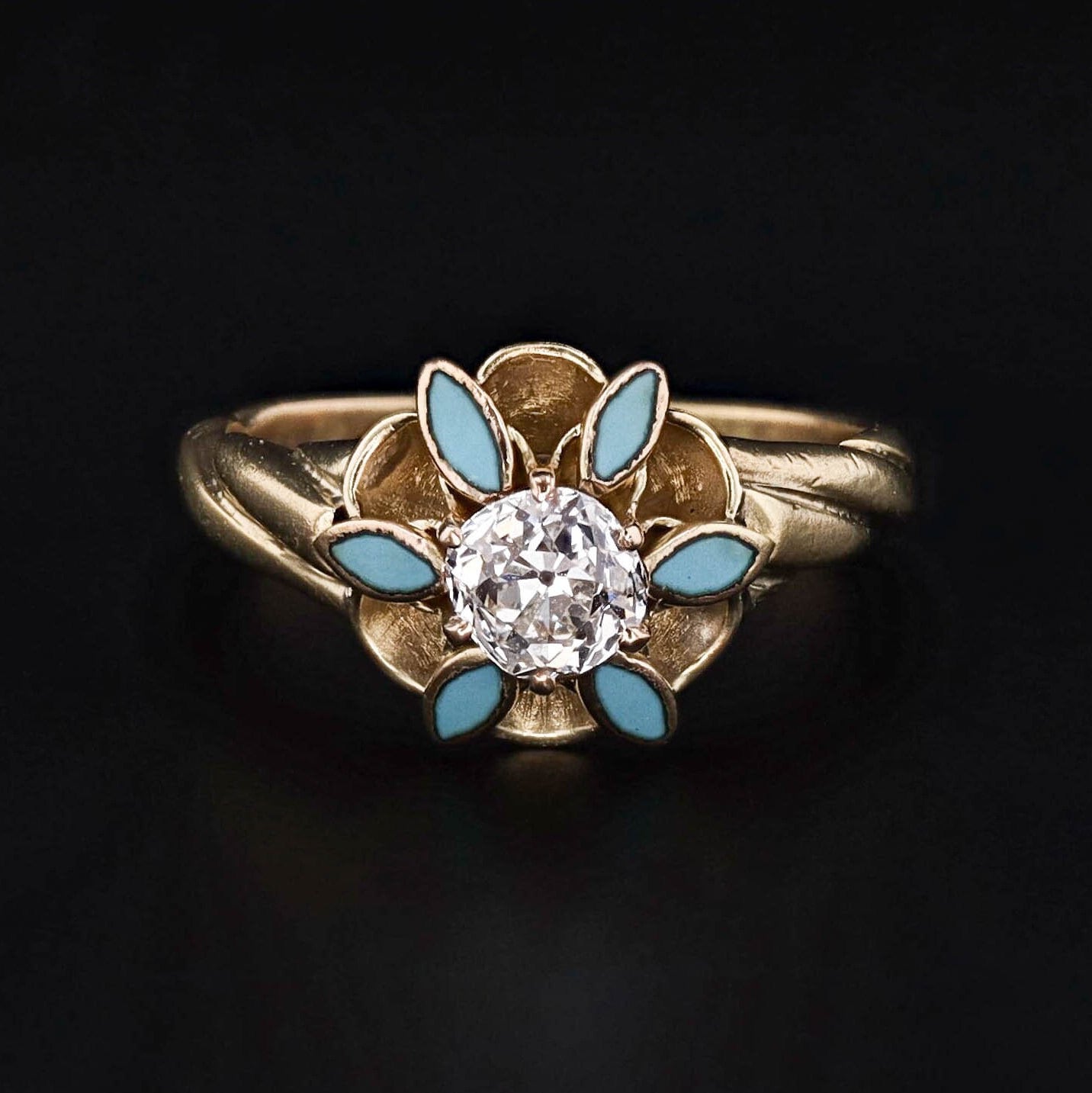 Antique Diamond and Blue Enamel Engagement Ring of 14k Gold - Trademark Antiques