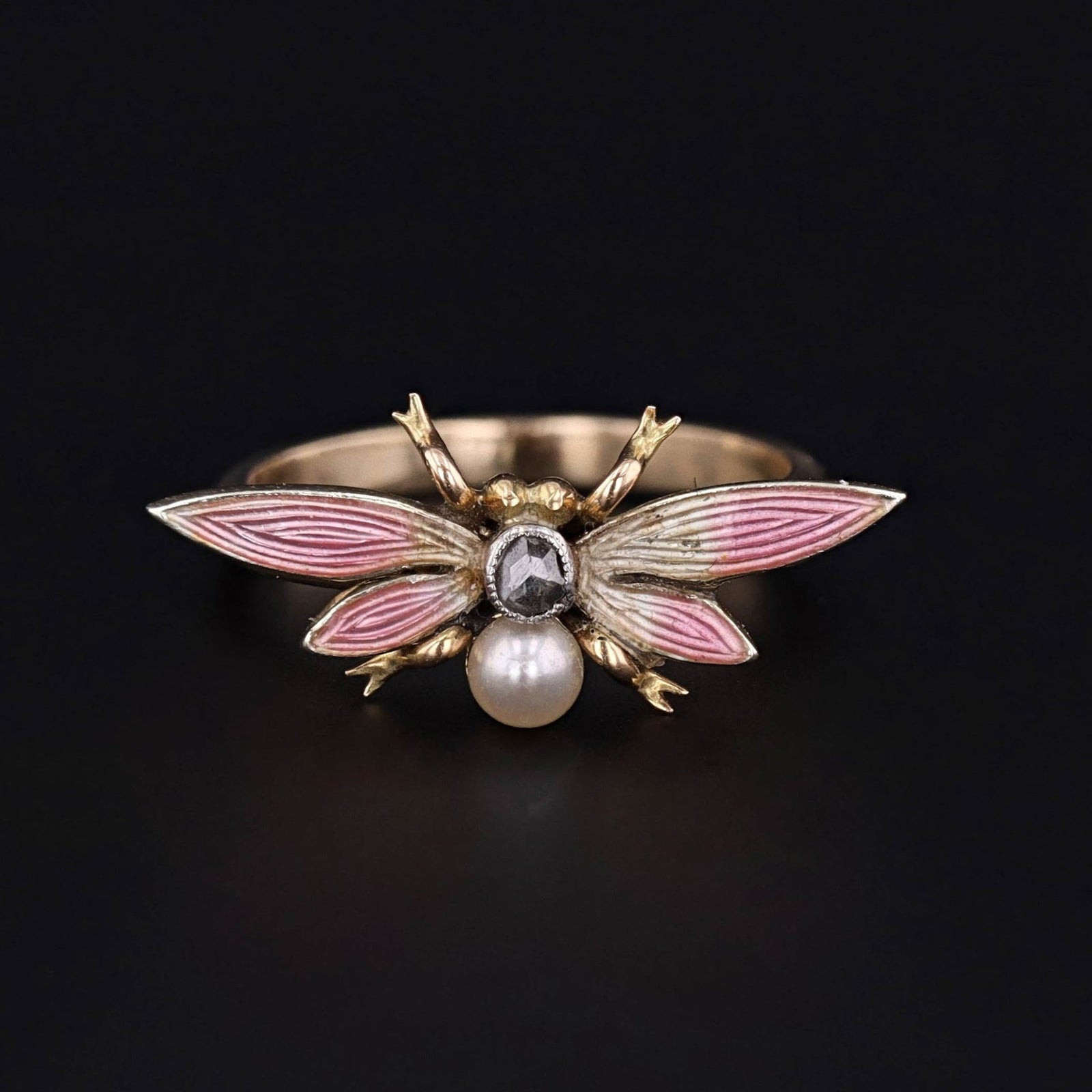 Antique Diamond and Enamel Bee or Insect Conversion Ring of 14k Gold - Trademark Antiques