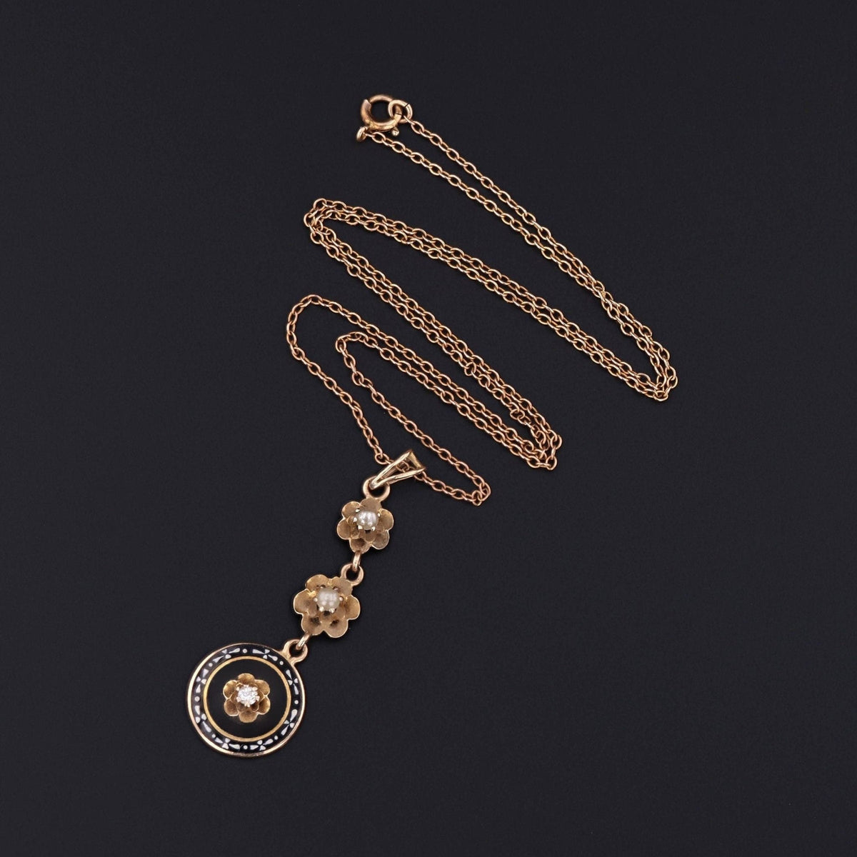 Antique Diamond and Enamel Lavalier Pendant of 10k Gold - Trademark Antiques
